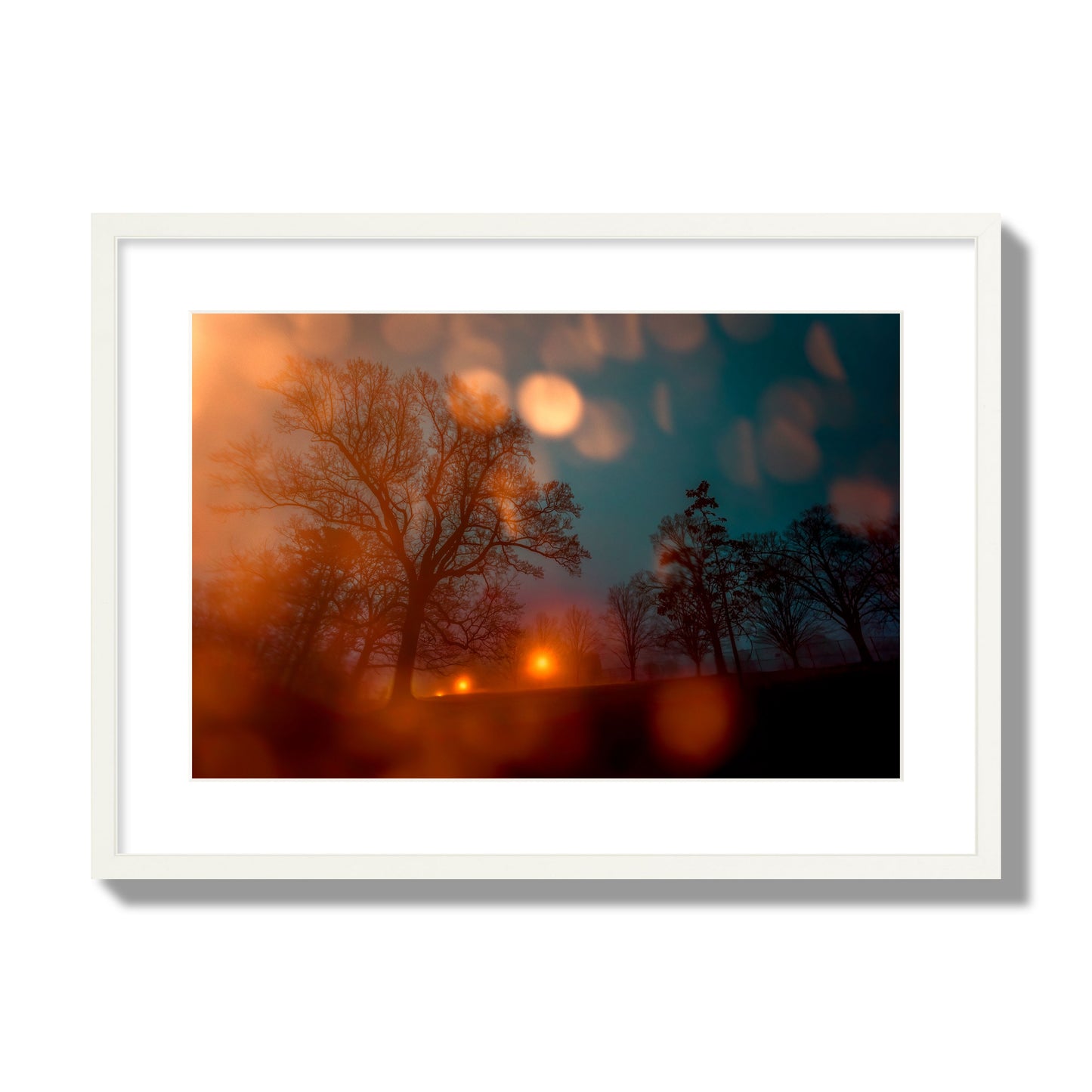 Fine art landscape photograph of a tranquil forest illuminated by orange-red streetlights. Archival pigment print, large size, white frame.