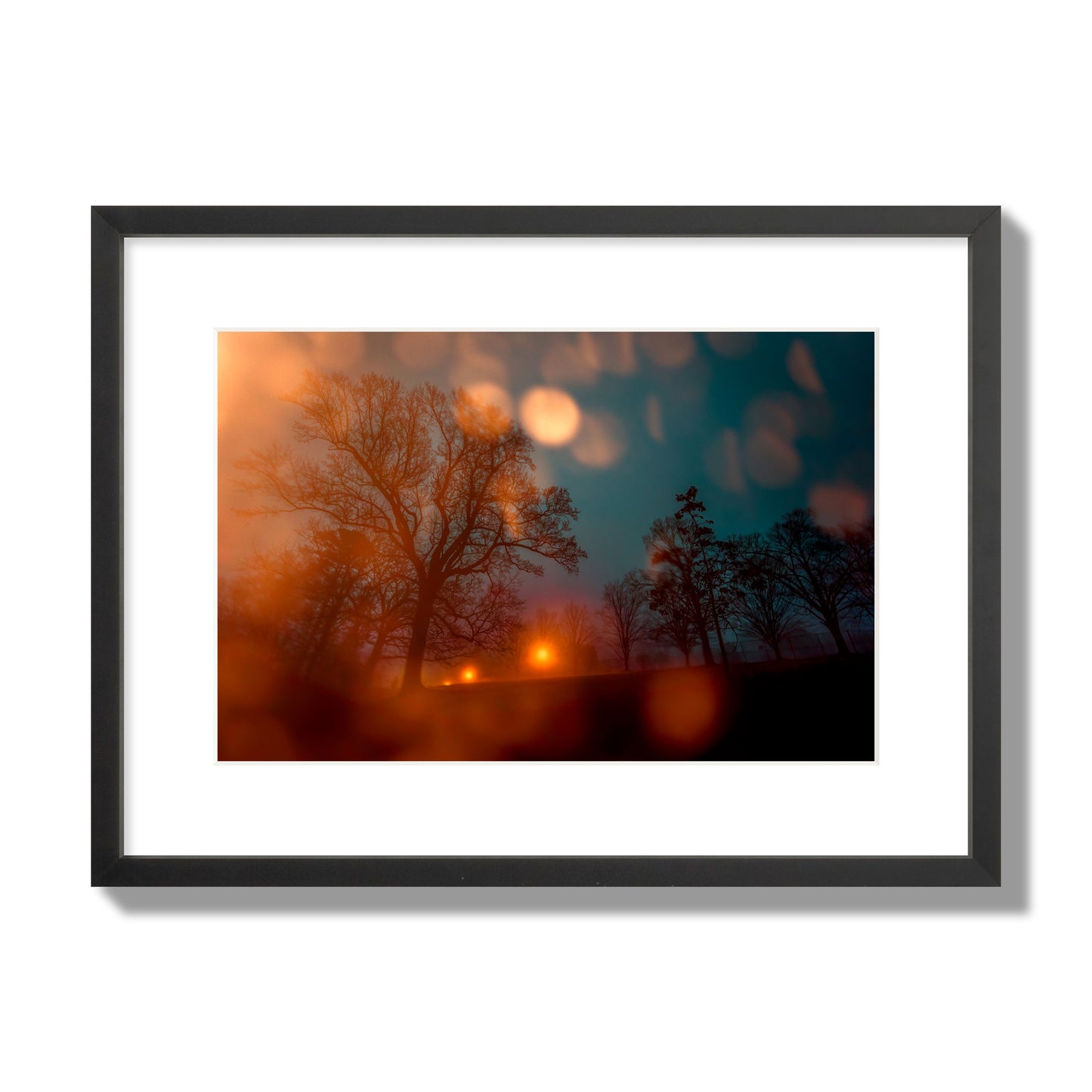 Fine art landscape photograph of a tranquil forest illuminated by orange-red streetlights. Archival pigment print, medium size, black frame.