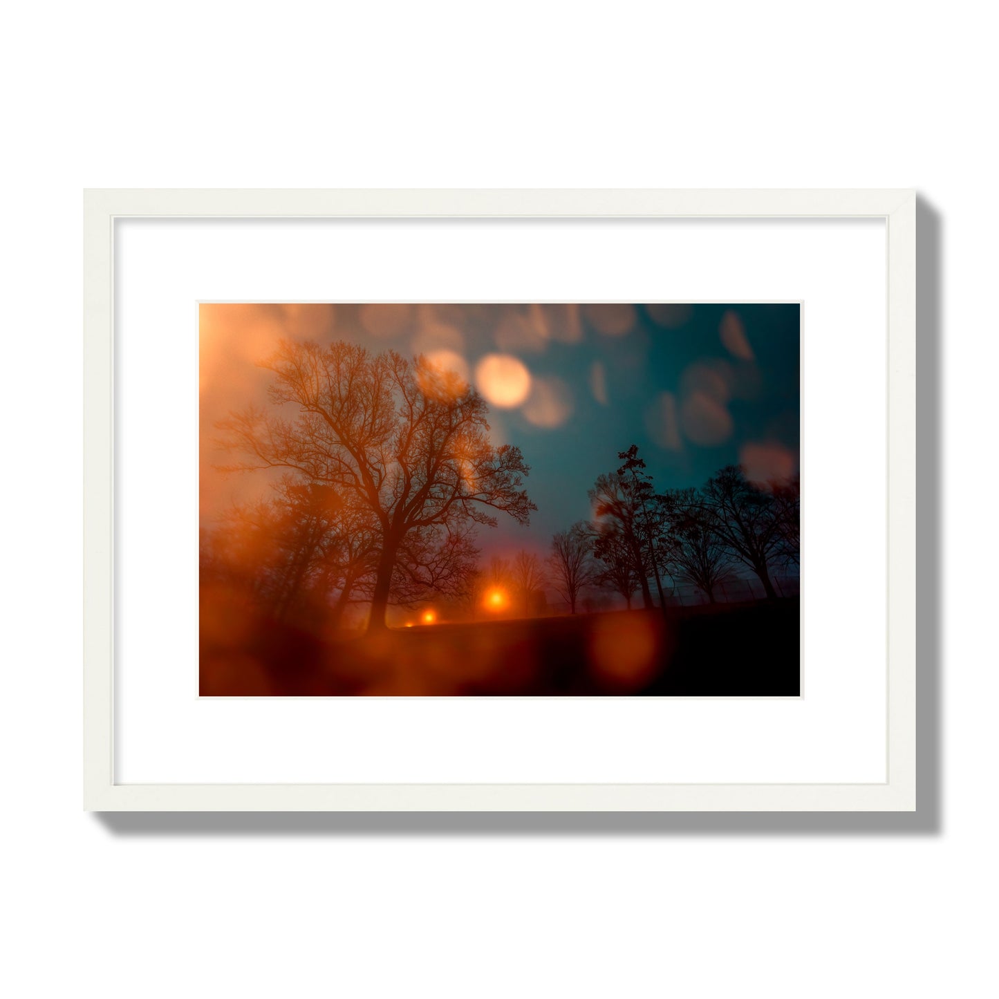 Fine art landscape photograph of a tranquil forest illuminated by orange-red streetlights. Archival pigment print, medium size, white frame.