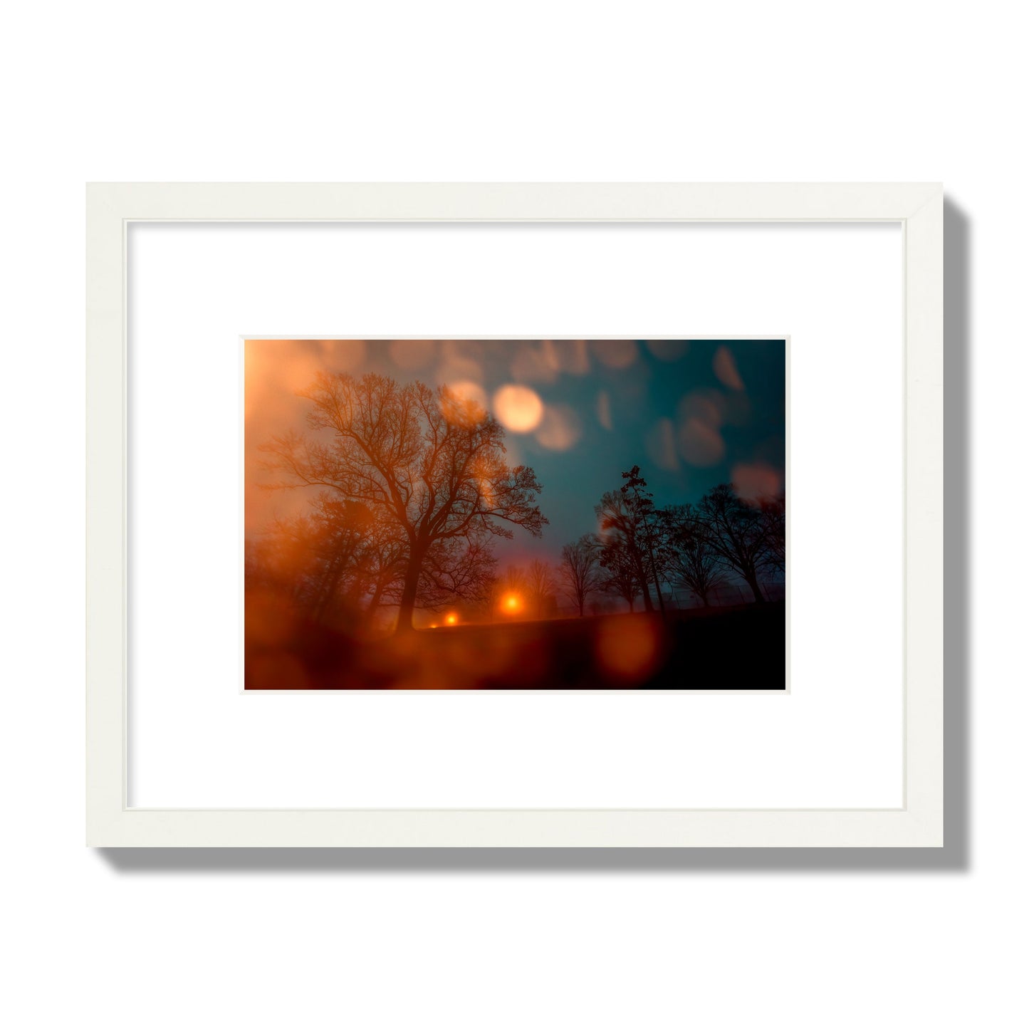 Fine art landscape photograph of a tranquil forest illuminated by orange-red streetlights. Archival pigment print, small size, white frame.