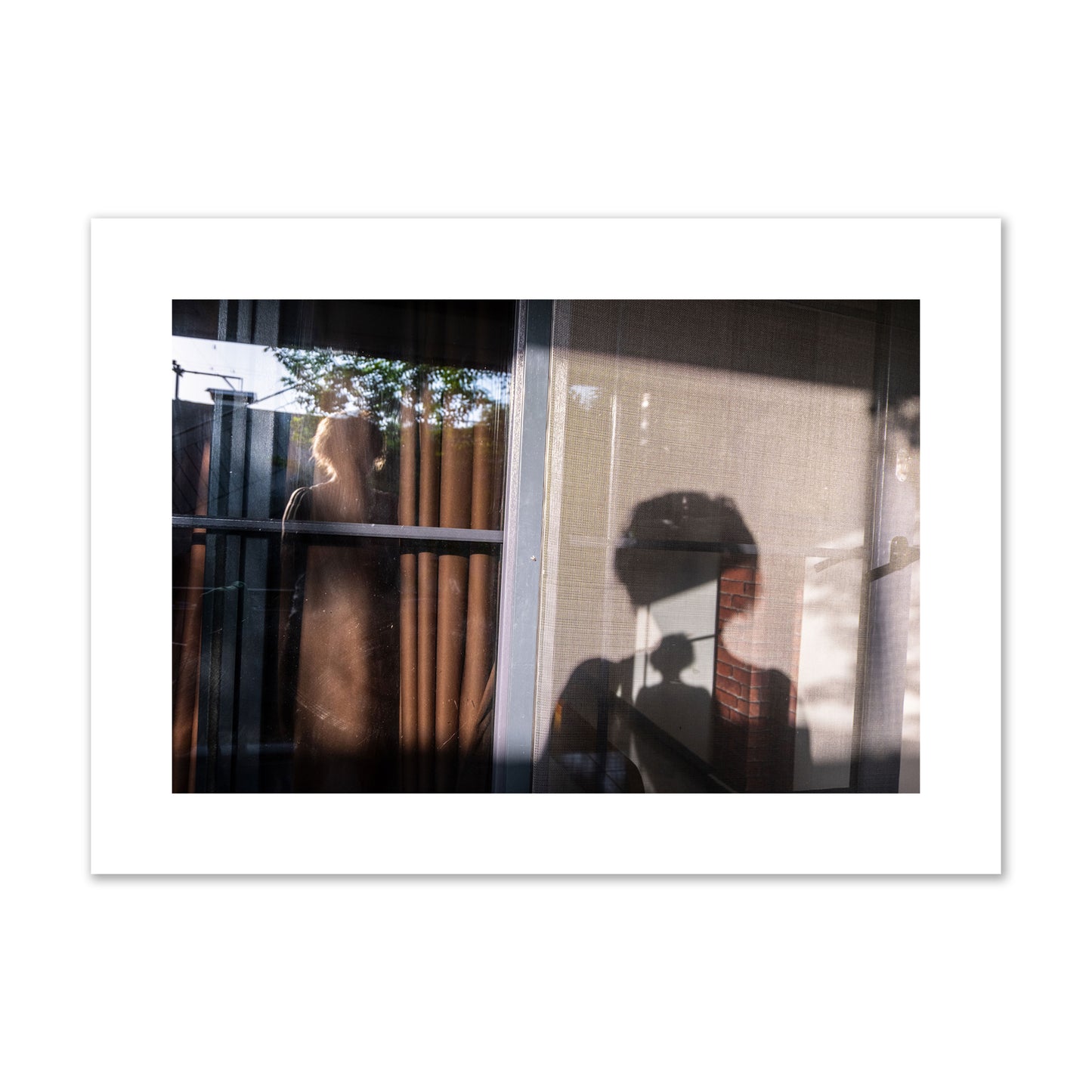 Fine art photograph of a person's silhouette against a window with curtains, archival pigment print, large size, unframed.
