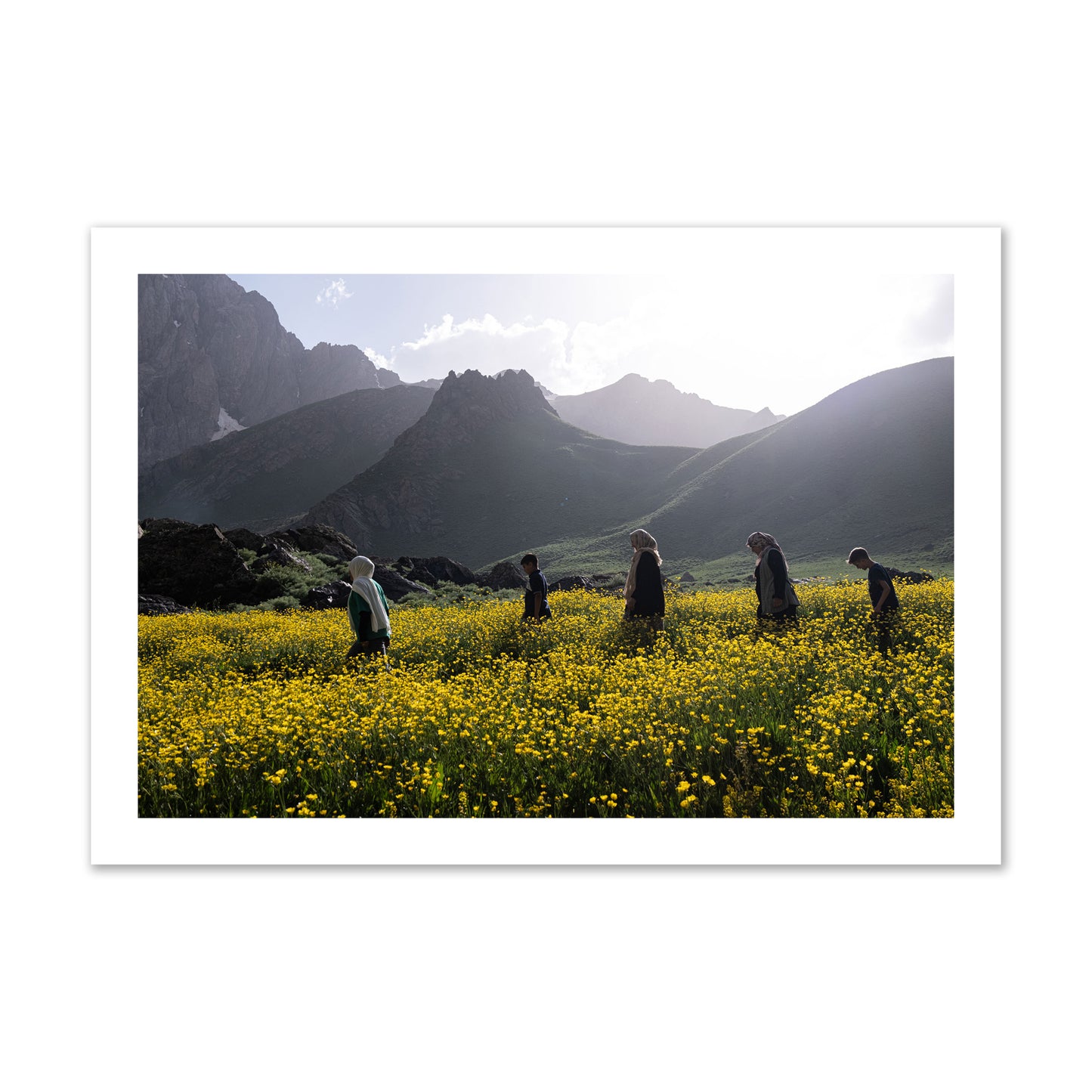 Fine art photograph of people walking through a field of yellow flowers with mountains in the background, archival pigment print, collector size, unframed.