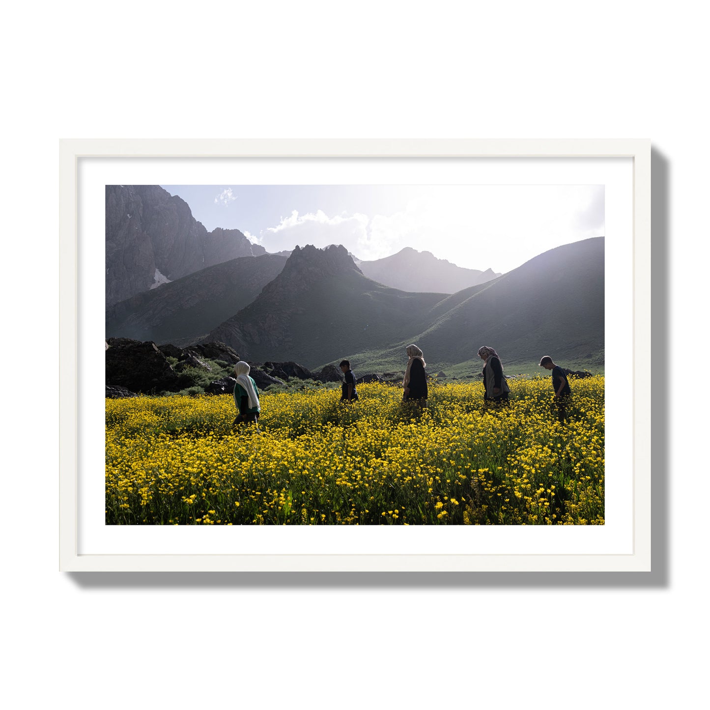 Fine art photograph of people walking through a field of yellow flowers with mountains in the background, archival pigment print, giant size, white frame.