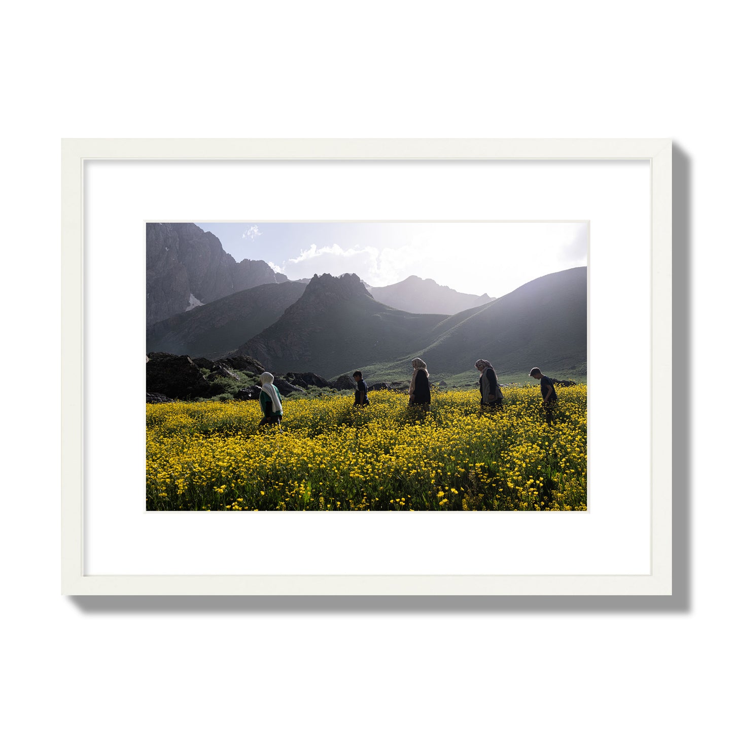 Fine art photograph of people walking through a field of yellow flowers with mountains in the background, archival pigment print, medium size, white frame.