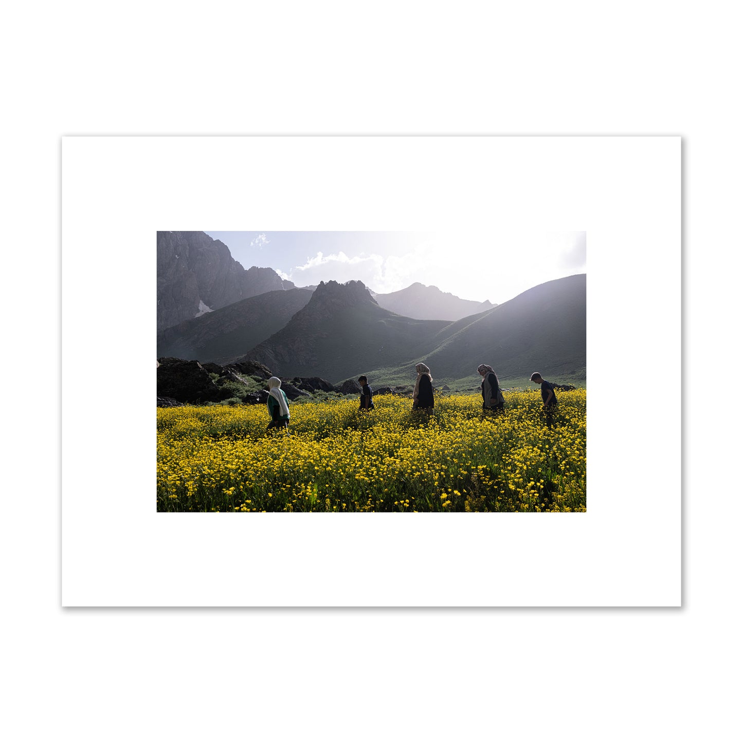 Fine art photograph of people walking through a field of yellow flowers with mountains in the background, archival pigment print, small size, unframed.