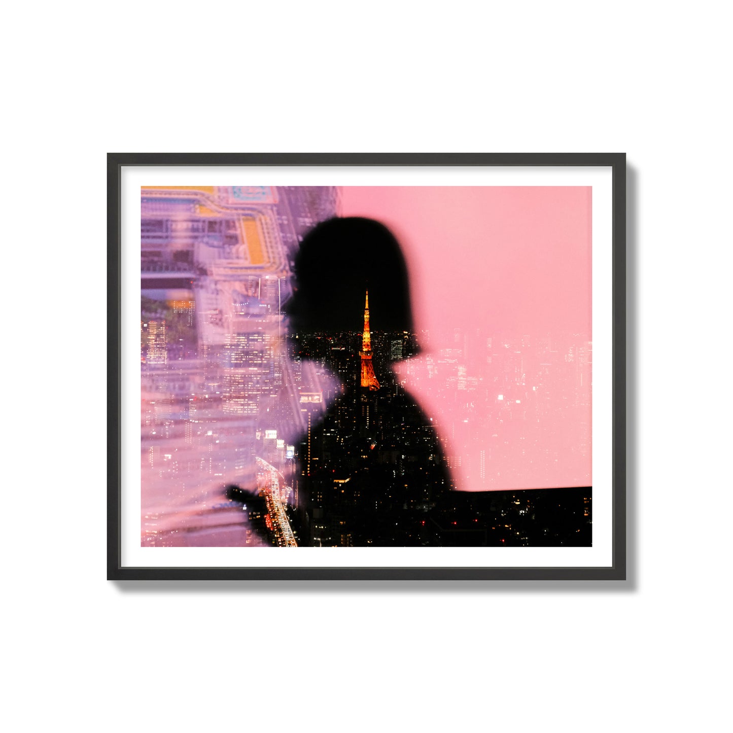 Fine art street photograph featuring the silhouette of a woman against a pink and purple background, with a reflection of the Tokyo Tower in Japan, archival pigment print, collector size, black frame