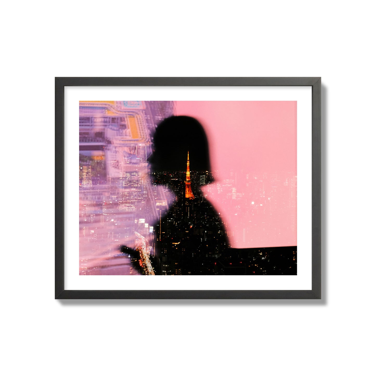 Fine art street photograph featuring the silhouette of a woman against a pink and purple background, with a reflection of the Tokyo Tower in Japan, archival pigment print, giant size, black frame