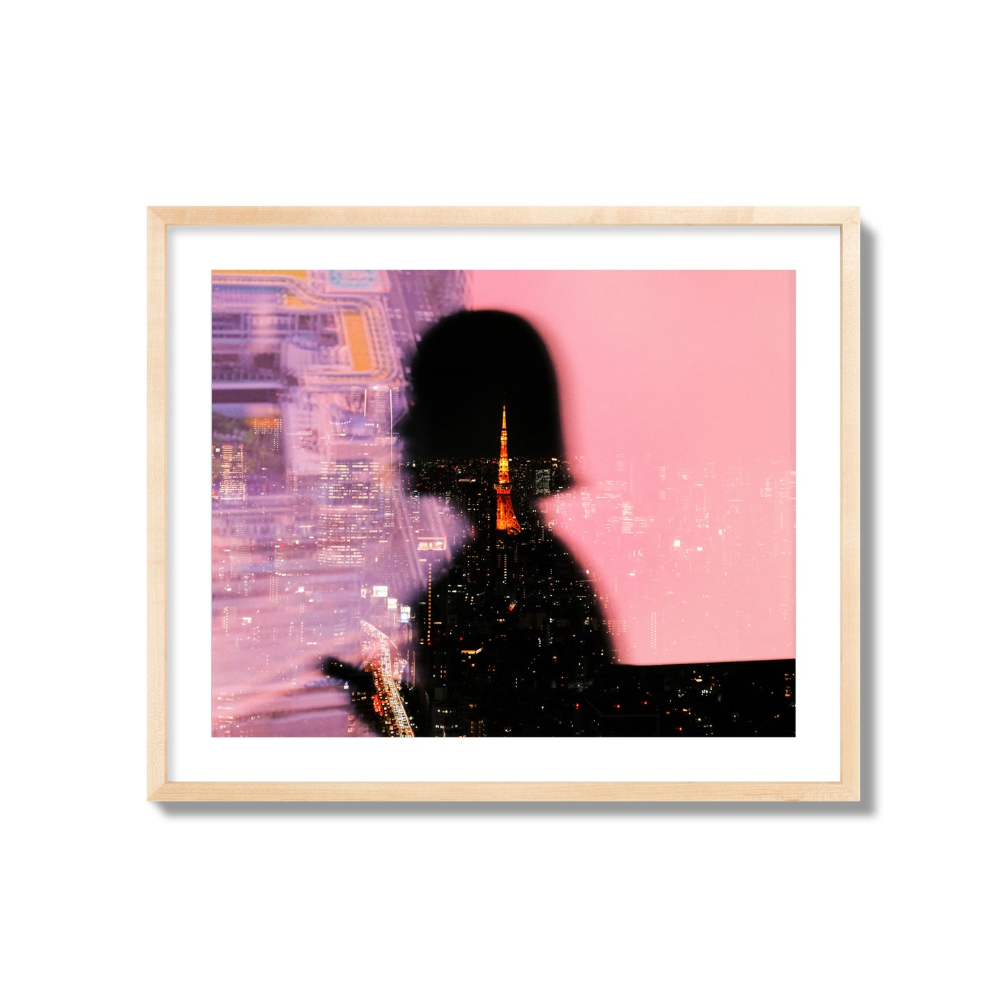 Fine art street photograph featuring the silhouette of a woman against a pink and purple background, with a reflection of the Tokyo Tower in Japan, archival pigment print, giant size, natural wood frame