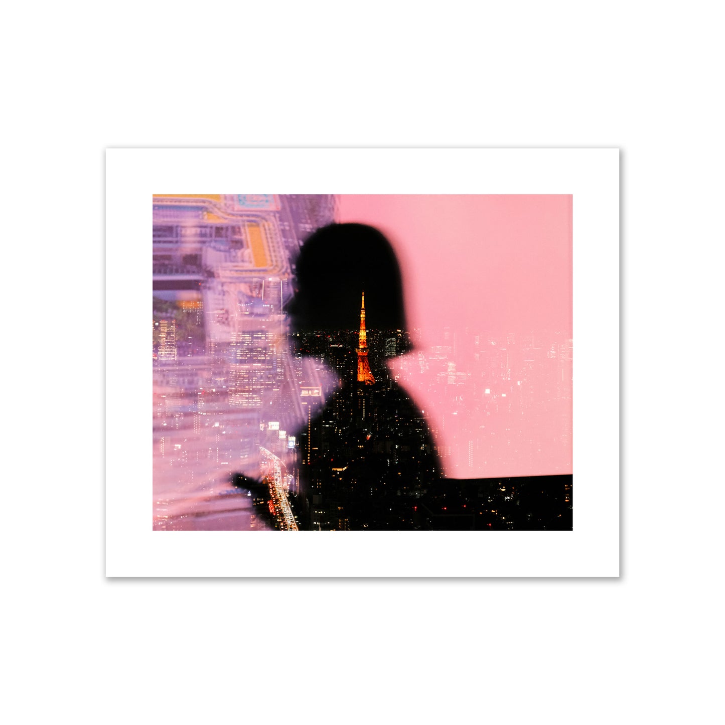 Fine art street photograph featuring the silhouette of a woman against a pink and purple background, with a reflection of the Tokyo Tower in Japan, archival pigment print, giant size, unframed