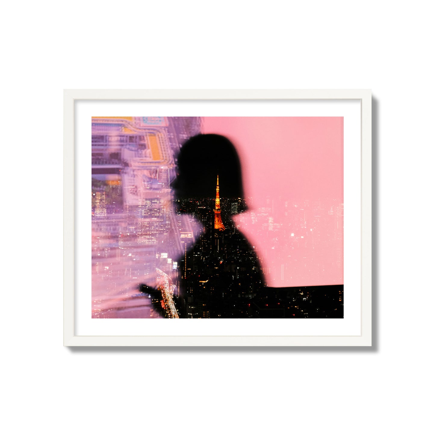 Fine art street photograph featuring the silhouette of a woman against a pink and purple background, with a reflection of the Tokyo Tower in Japan, archival pigment print, giant size, white frame