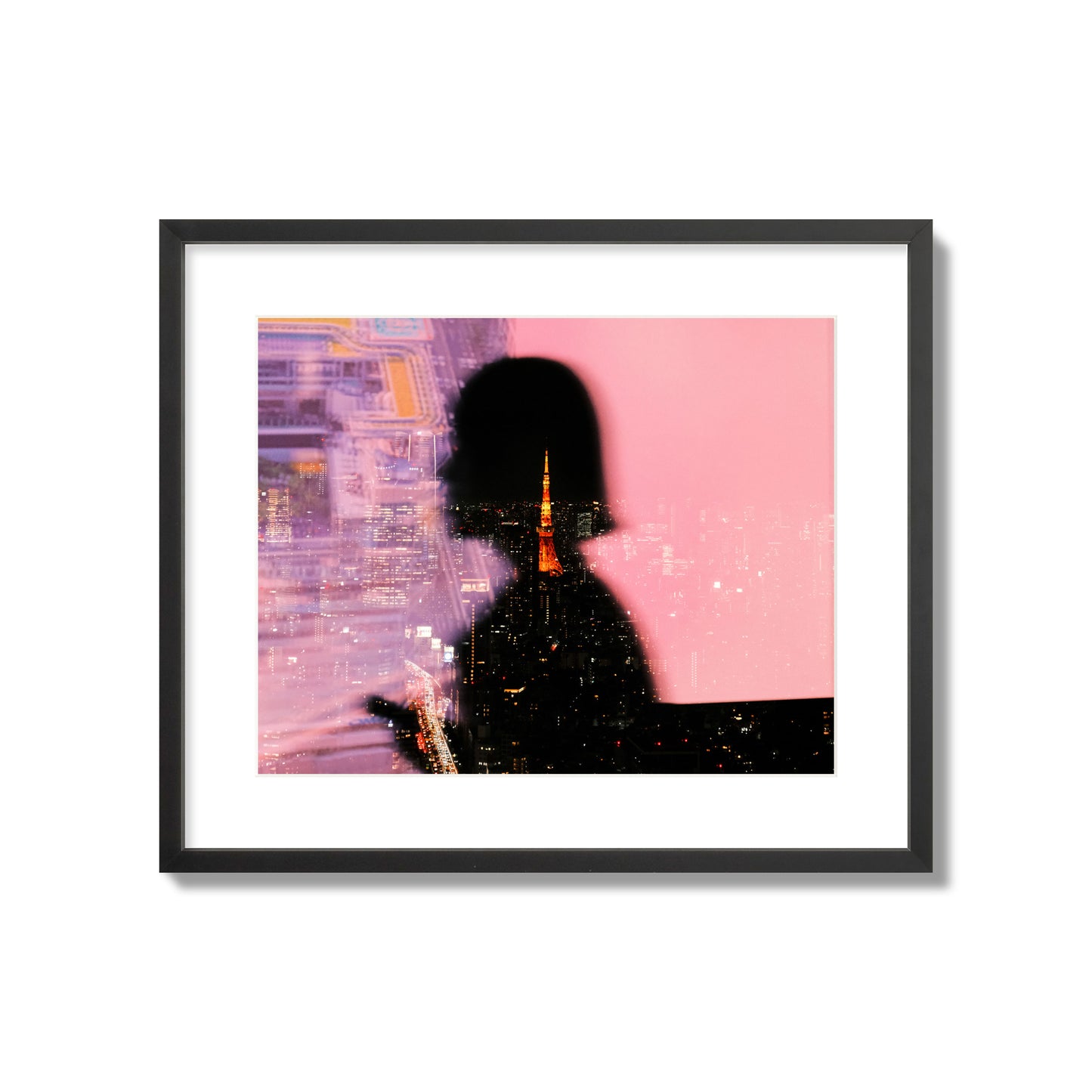 Fine art street photograph featuring the silhouette of a woman against a pink and purple background, with a reflection of the Tokyo Tower in Japan, archival pigment print, large size, black frame