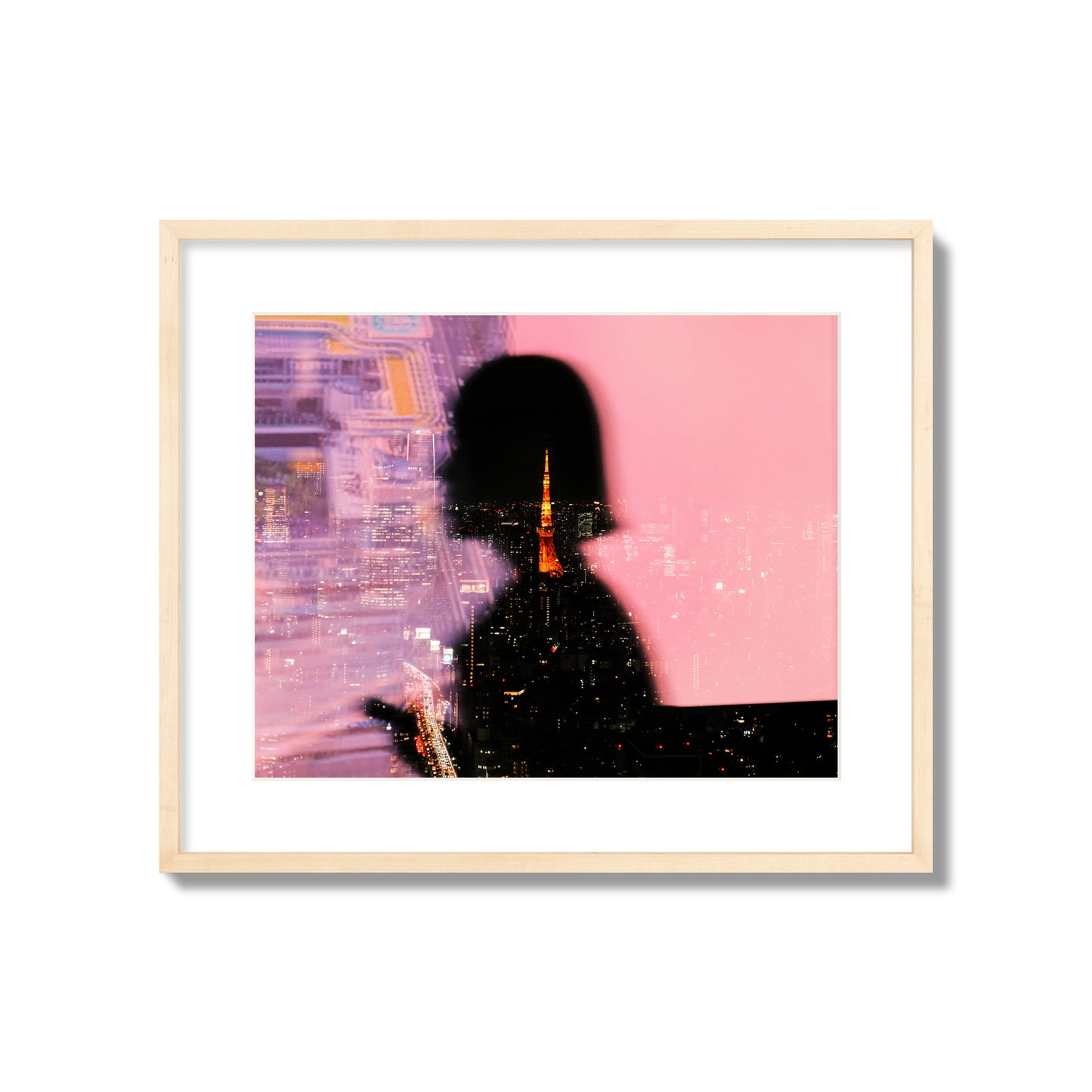 Fine art street photograph featuring the silhouette of a woman against a pink and purple background, with a reflection of the Tokyo Tower in Japan, archival pigment print, large size, natural wood frame