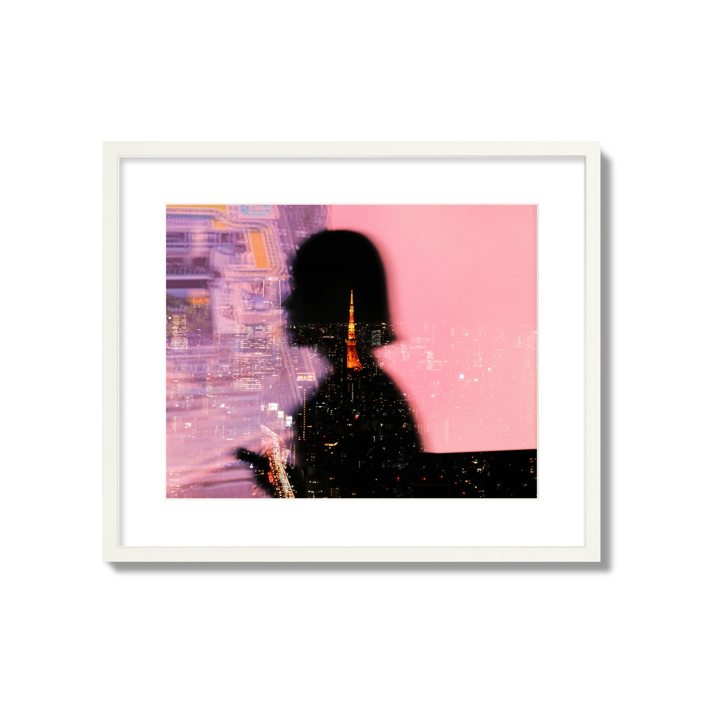 Fine art street photograph featuring the silhouette of a woman against a pink and purple background, with a reflection of the Tokyo Tower in Japan, archival pigment print, large size, white frame