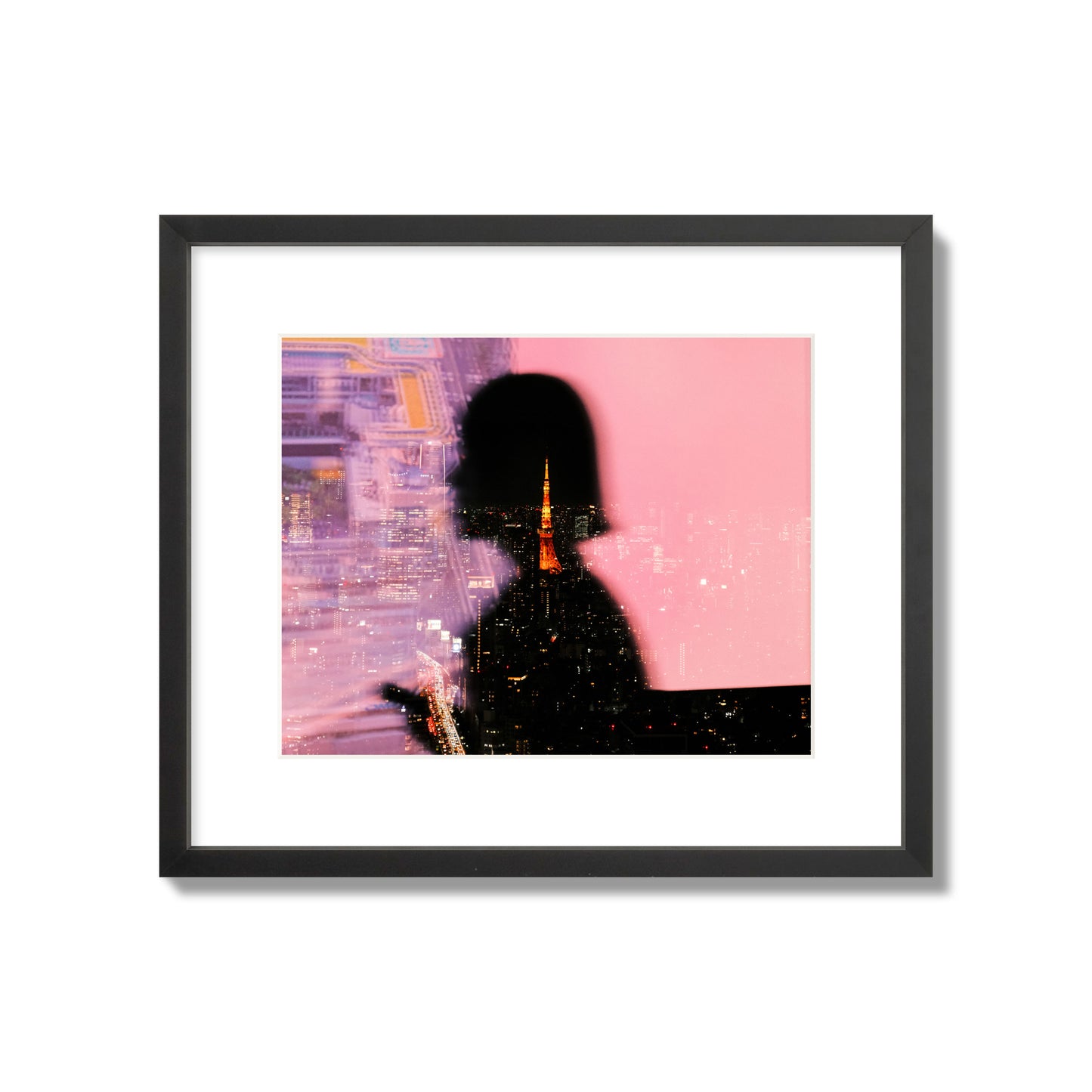 Fine art street photograph featuring the silhouette of a woman against a pink and purple background, with a reflection of the Tokyo Tower in Japan, archival pigment print, medium size, black frame