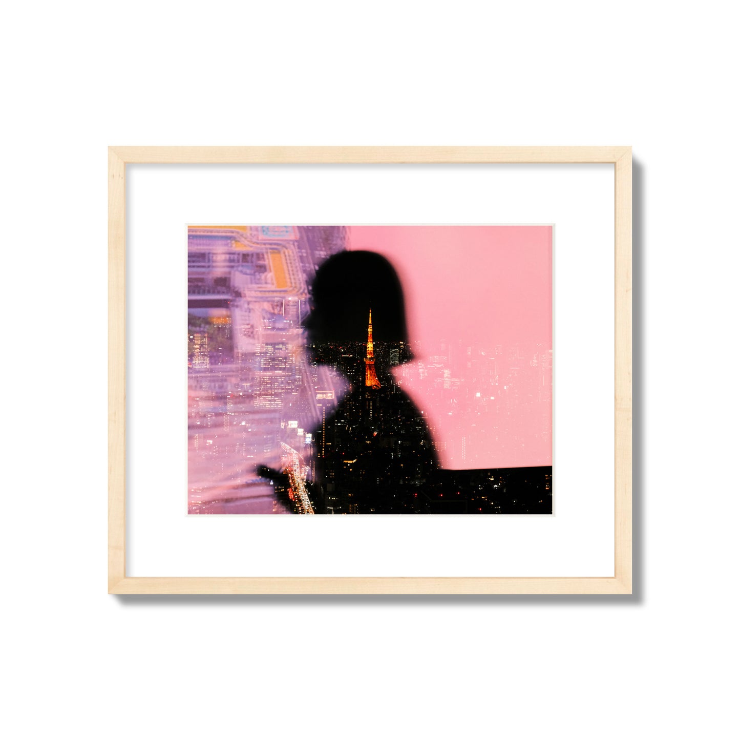 Fine art street photograph featuring the silhouette of a woman against a pink and purple background, with a reflection of the Tokyo Tower in Japan, archival pigment print, medium size, natural wood frame