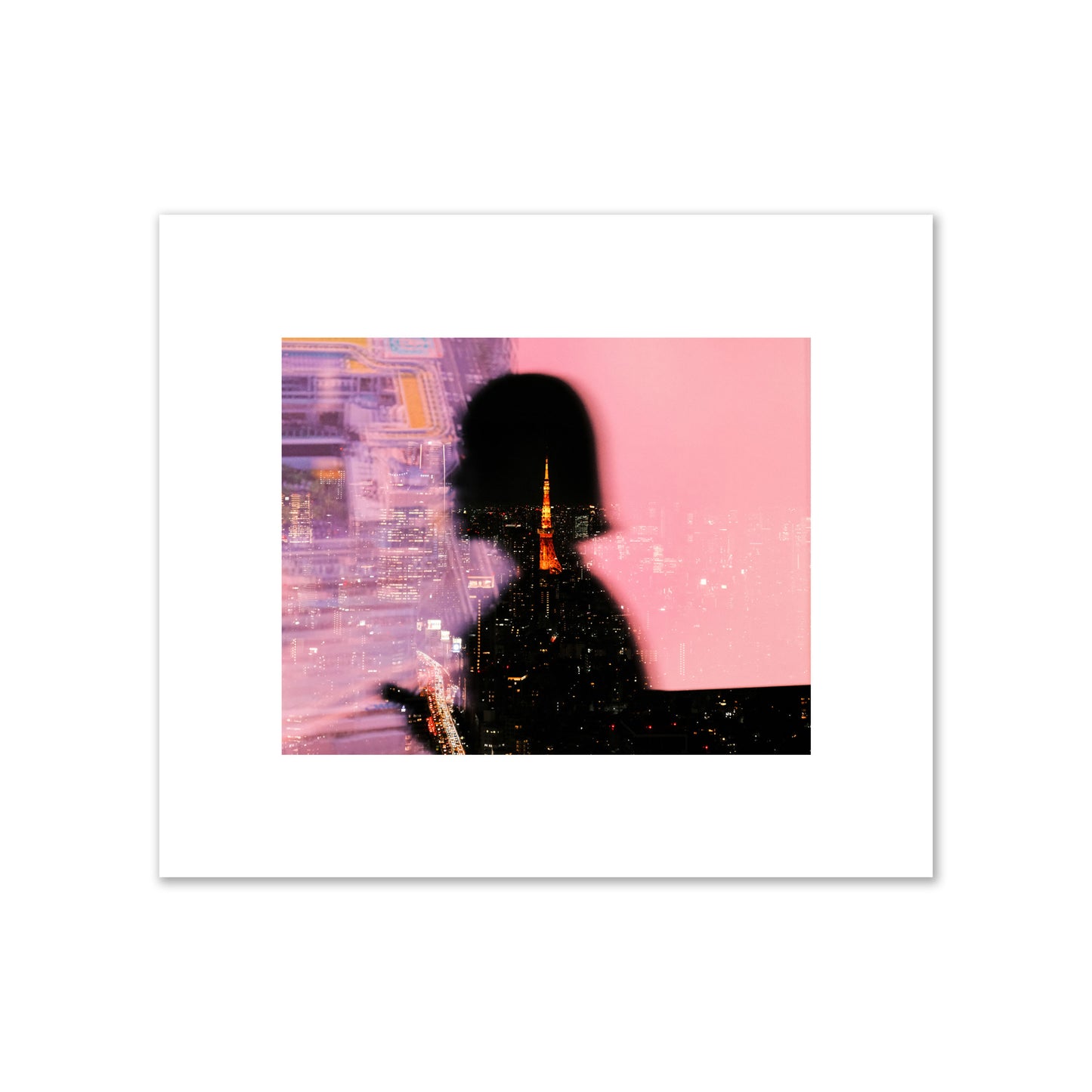 Fine art street photograph featuring the silhouette of a woman against a pink and purple background, with a reflection of the Tokyo Tower in Japan, archival pigment print, medium size, unframed