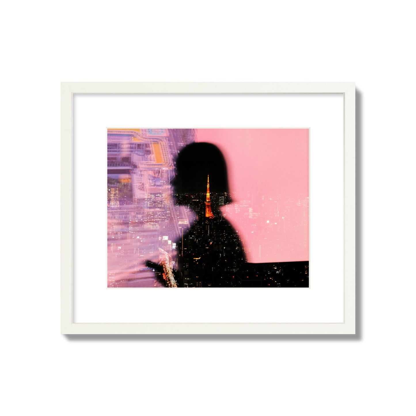 Fine art street photograph featuring the silhouette of a woman against a pink and purple background, with a reflection of the Tokyo Tower in Japan, archival pigment print, medium size, white frame