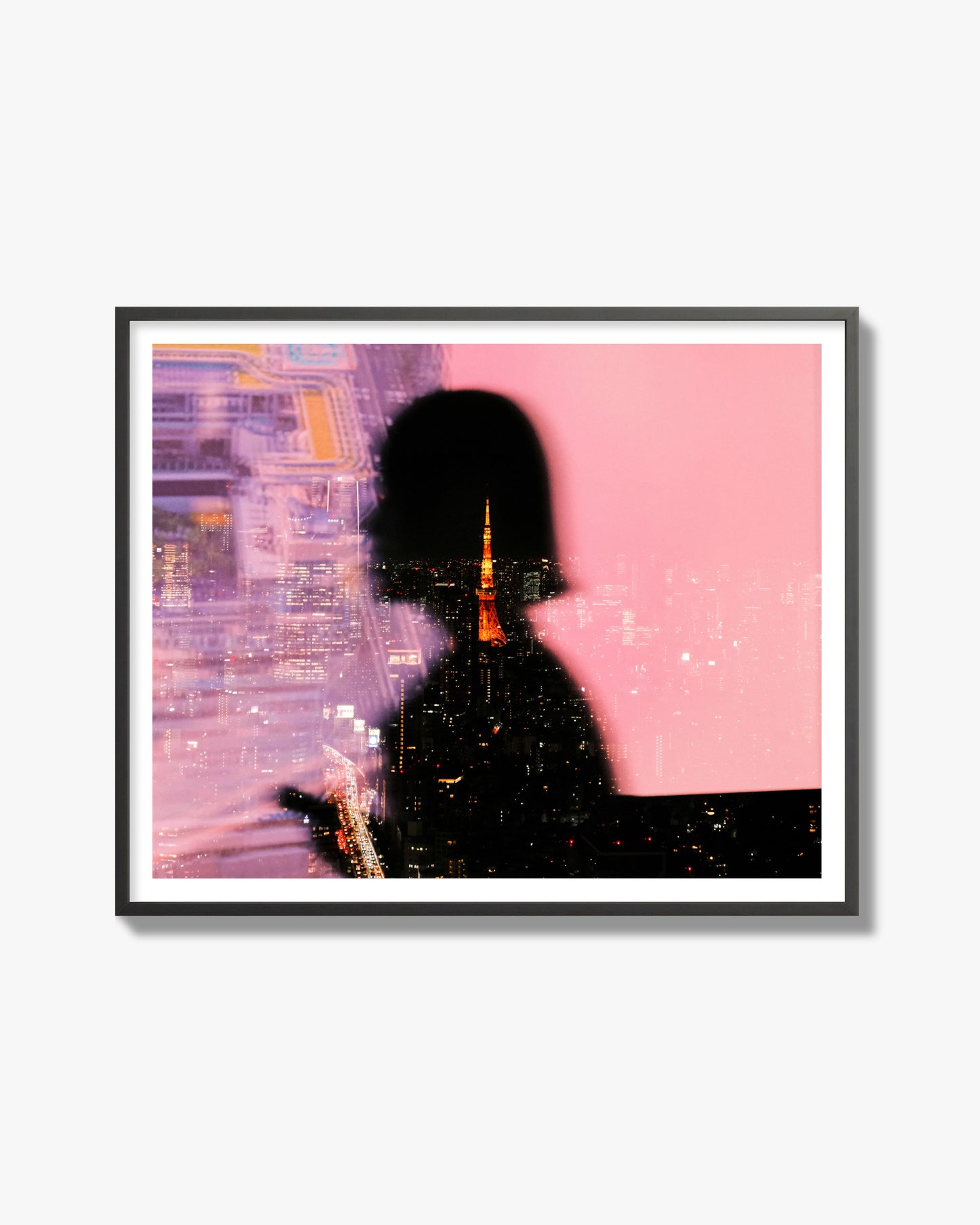 Fine art street photograph featuring the silhouette of a woman against a pink and purple background, with a reflection of the Tokyo Tower in Japan, archival pigment print, black frame