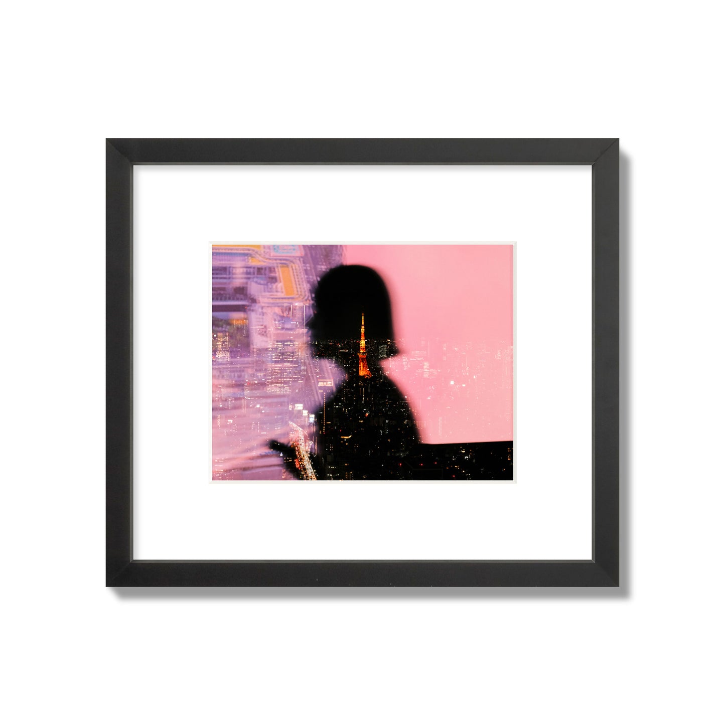 Fine art street photograph featuring the silhouette of a woman against a pink and purple background, with a reflection of the Tokyo Tower in Japan, archival pigment print, small size, black frame