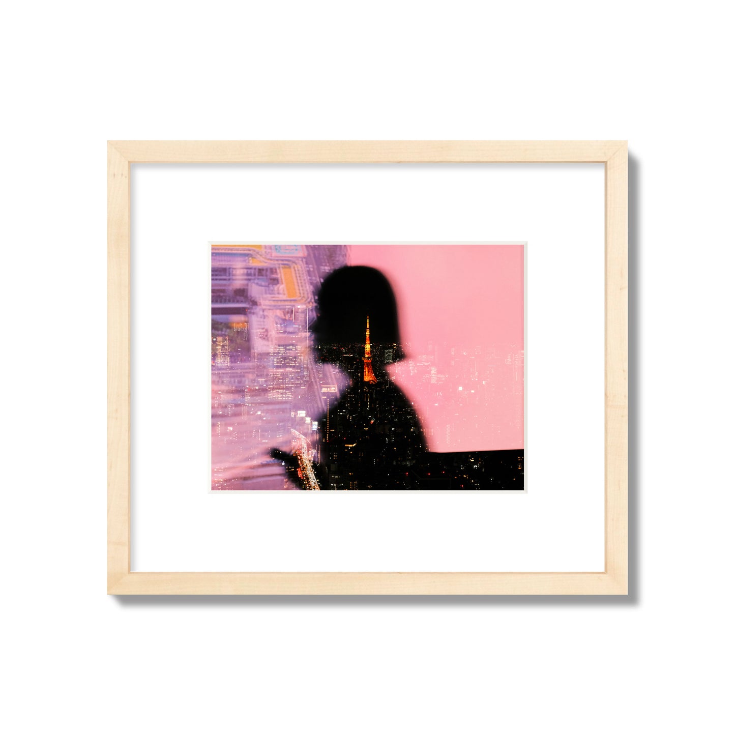 Fine art street photograph featuring the silhouette of a woman against a pink and purple background, with a reflection of the Tokyo Tower in Japan, archival pigment print, small size, natural wood frame