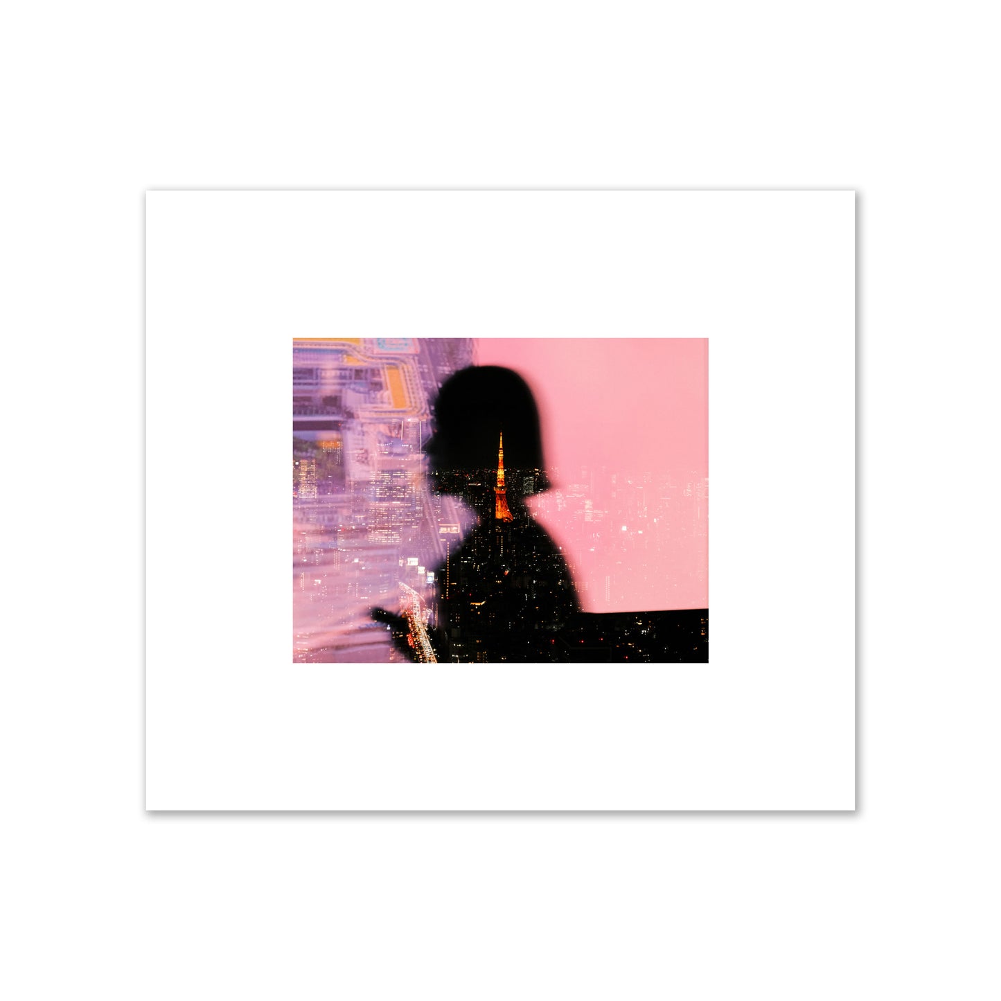 Fine art street photograph featuring the silhouette of a woman against a pink and purple background, with a reflection of the Tokyo Tower in Japan, archival pigment print, small size, unframed
