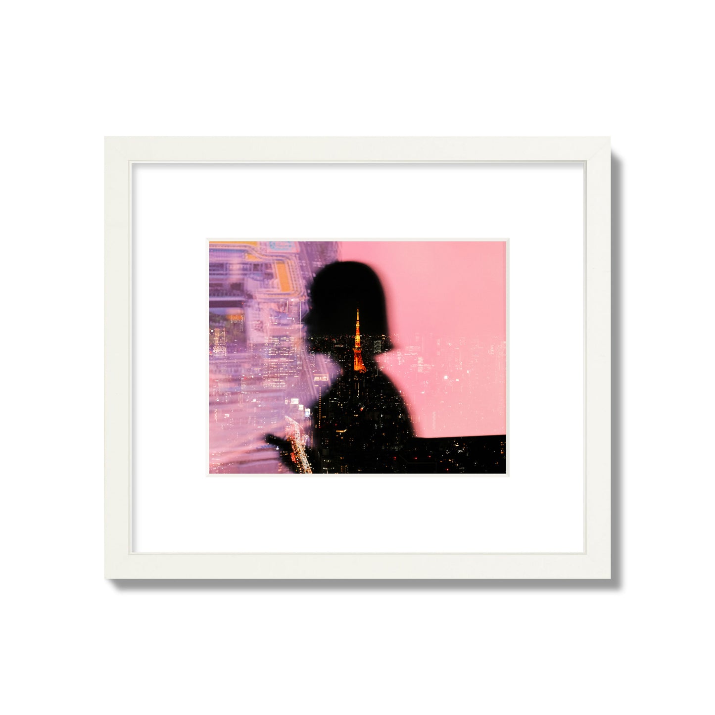 Fine art street photograph featuring the silhouette of a woman against a pink and purple background, with a reflection of the Tokyo Tower in Japan, archival pigment print, small size, white frame