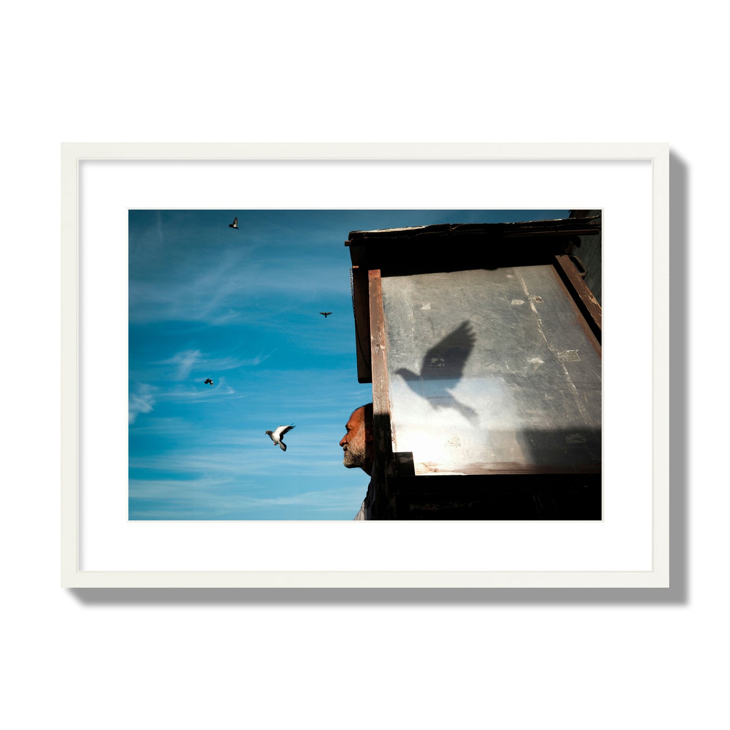 Fine art street photograph of a man watching a bird fly away in the background, with the bird’s shadow cast across a birdcage in the foreground. Archival pigment print, large size, white frame.