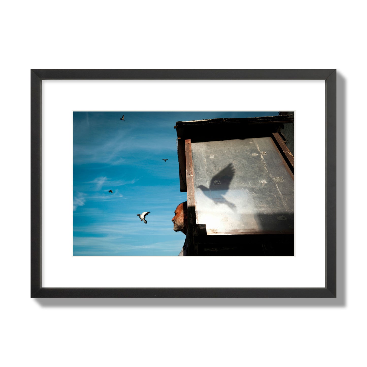 Fine art street photograph of a man watching a bird fly away in the background, with the bird’s shadow cast across a birdcage in the foreground. Archival pigment print, medium size, black frame.