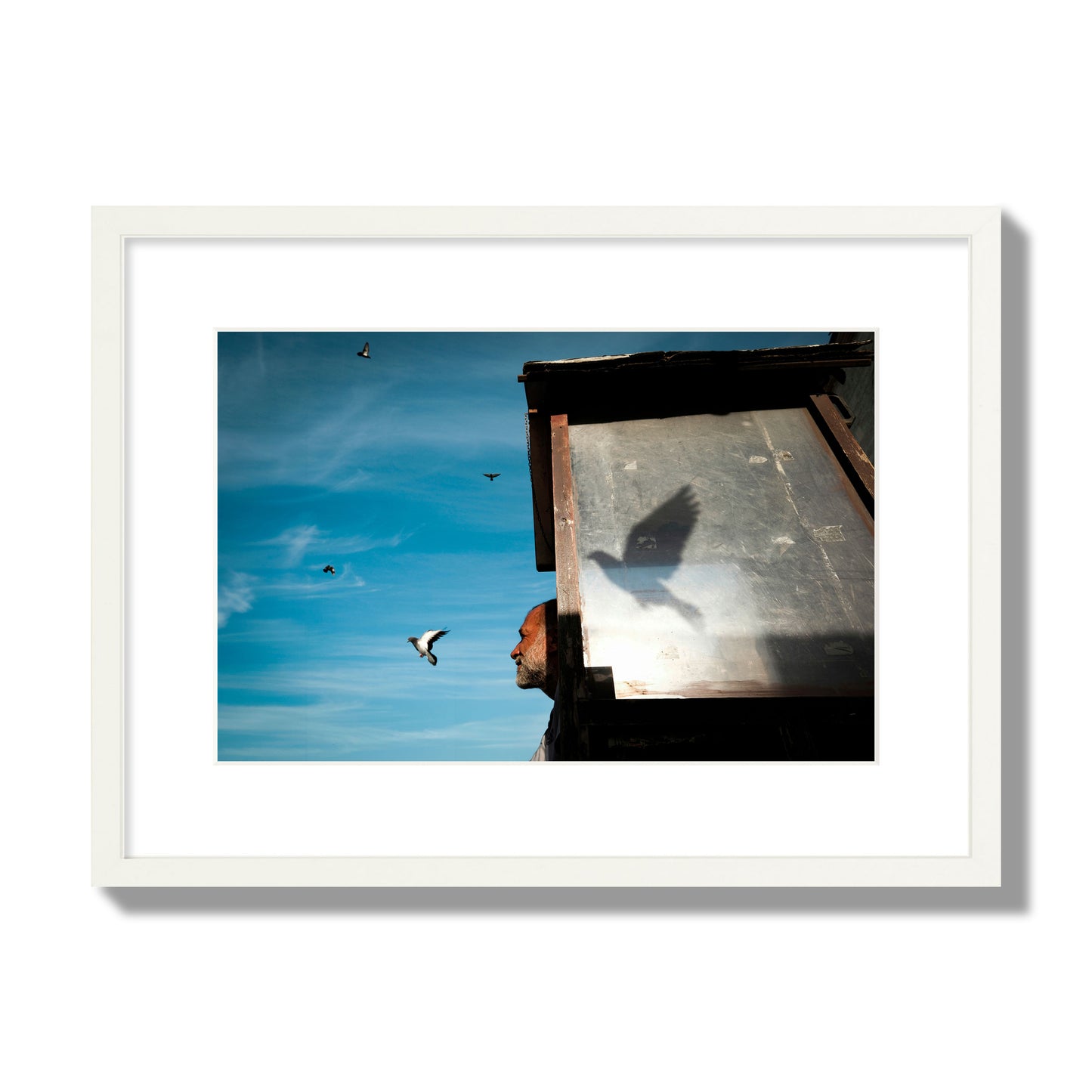 Fine art street photograph of a man watching a bird fly away in the background, with the bird’s shadow cast across a birdcage in the foreground. Archival pigment print, medium size, white frame.