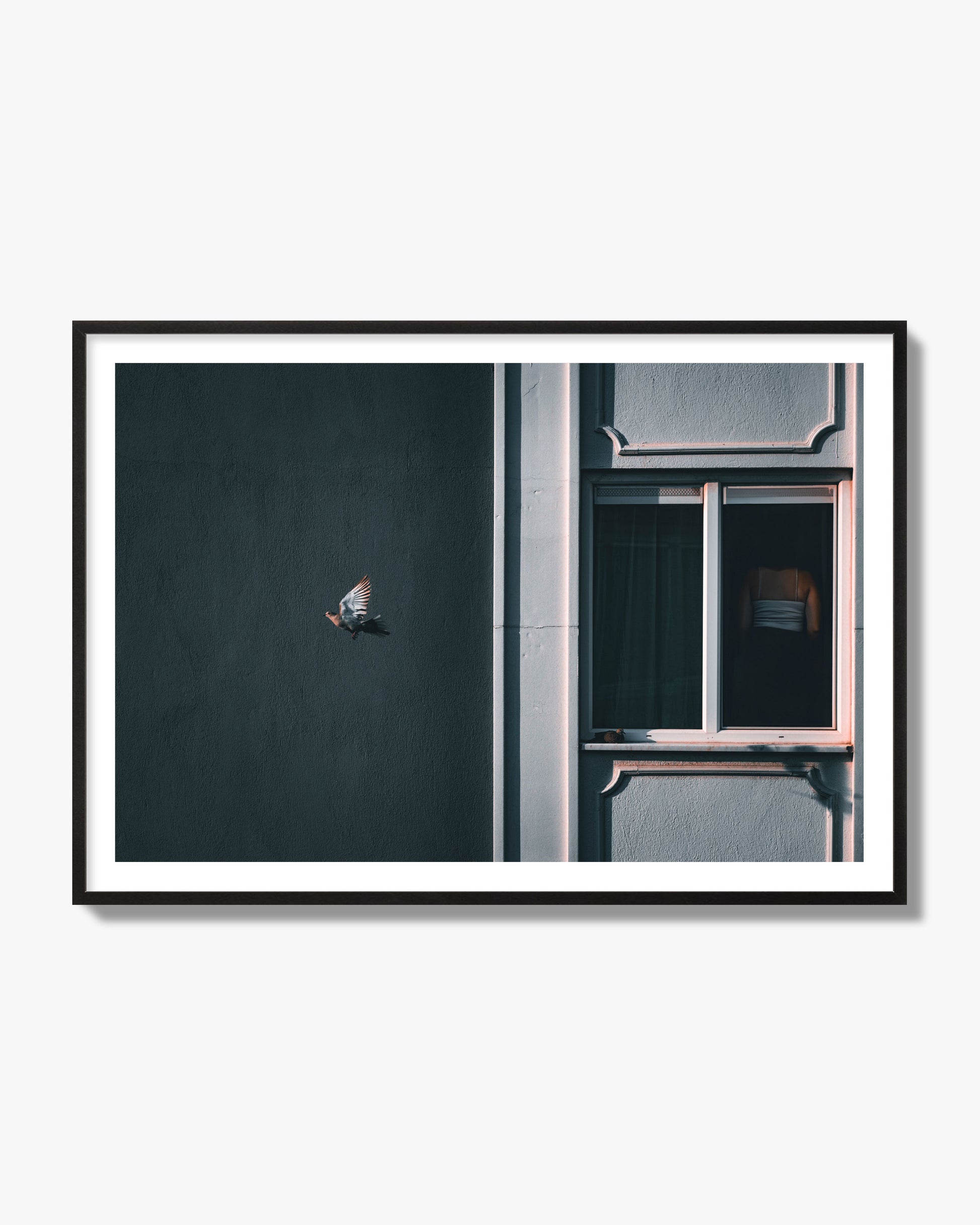 Fine art street photograph of a woman highlighted in a window on the right side of the frame, while a bird flies out of frame on the left. Archival pigment print, black frame.