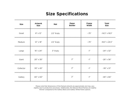 Size Chart for limited edition archival pigment prints.