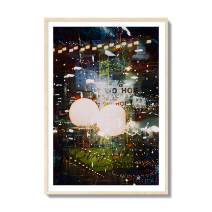 Fine art street photograph of a multiple exposure capture of Chinatown in NYC, archival pigment print, collector size, natural wood frame.