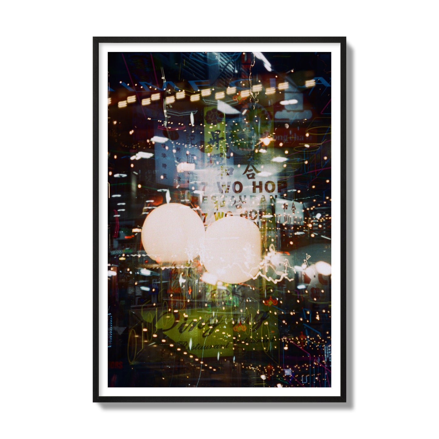 Fine art street photograph of a multiple exposure capture of Chinatown in NYC, archival pigment print, gallery size, black frame.