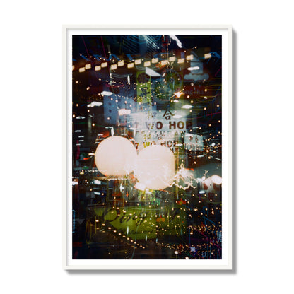 Fine art street photograph of a multiple exposure capture of Chinatown in NYC, archival pigment print, gallery size, white frame.