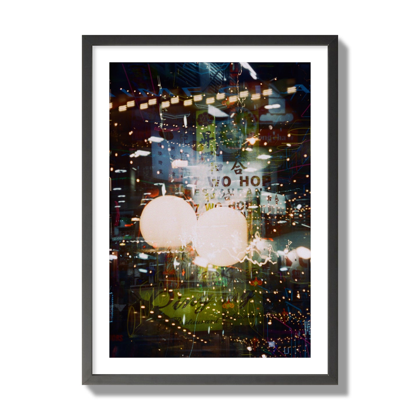 Fine art street photograph of a multiple exposure capture of Chinatown in NYC, archival pigment print, giant size, black frame.