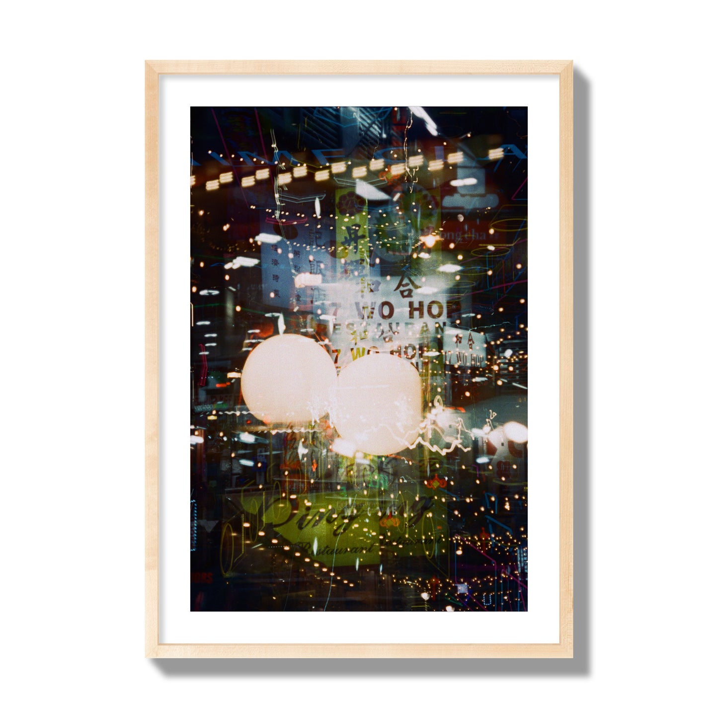 Fine art street photograph of a multiple exposure capture of Chinatown in NYC, archival pigment print, giant size, natural wood frame.
