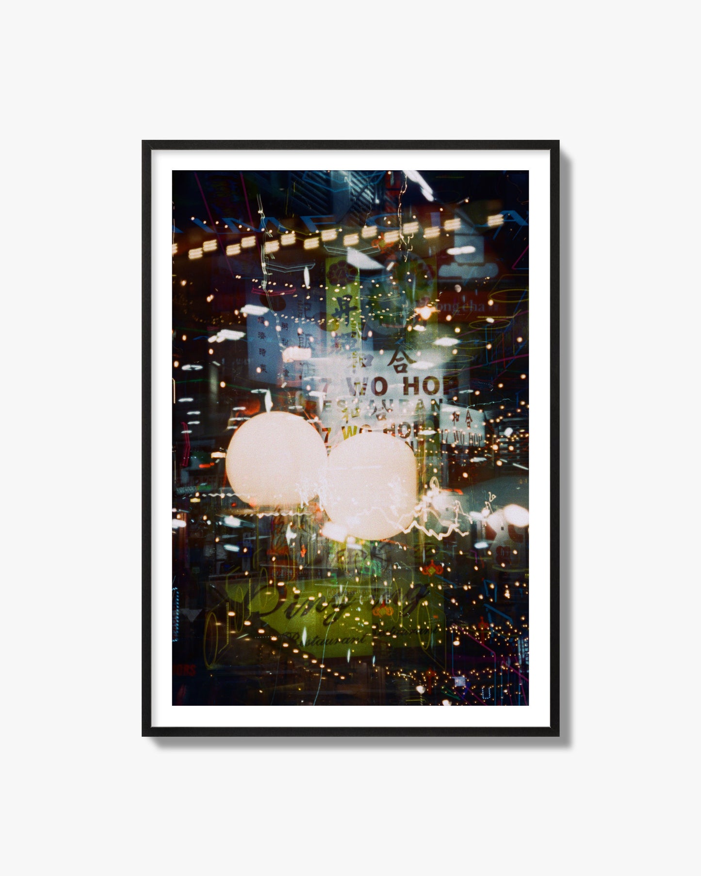 Fine art street photograph of a multiple exposure capture of Chinatown in NYC, archival pigment print in a black frame.
