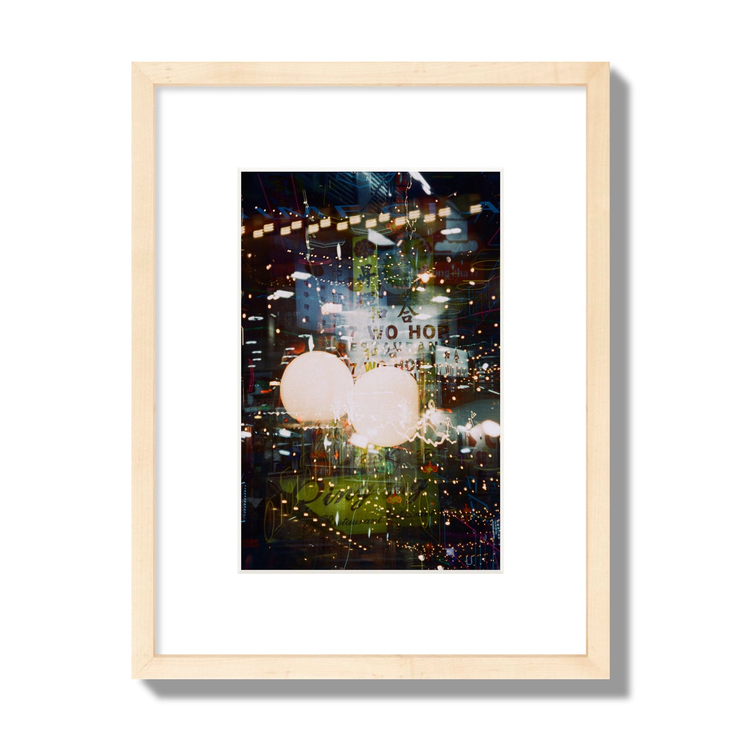 Fine art street photograph of a multiple exposure capture of Chinatown in NYC, archival pigment print, small size, natural wood frame.