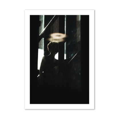 Fine art photograph of a silhouetted woman with a glowing halo light above her head, archival pigment print, collector size, print.