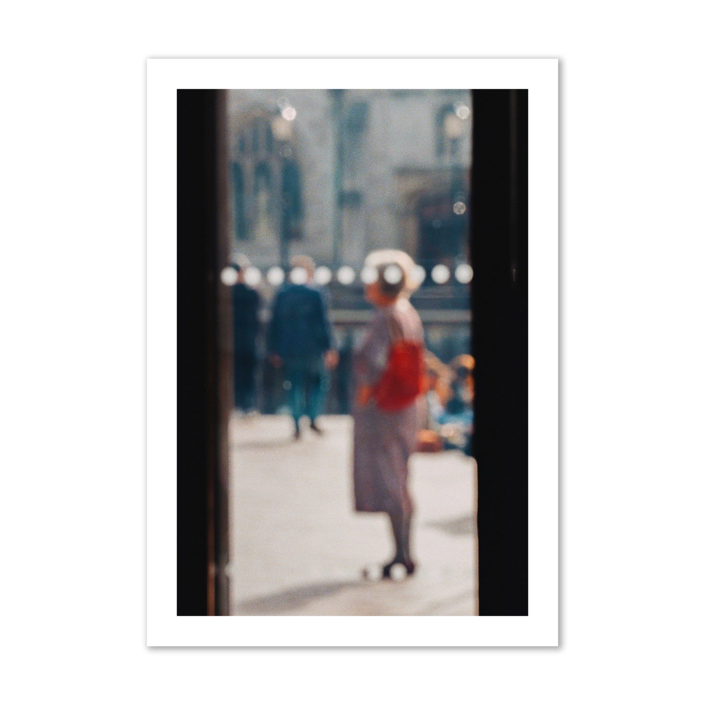 Fine art photograph of a blurred street scene with people and a storefront, archival pigment print, collector size, print.
