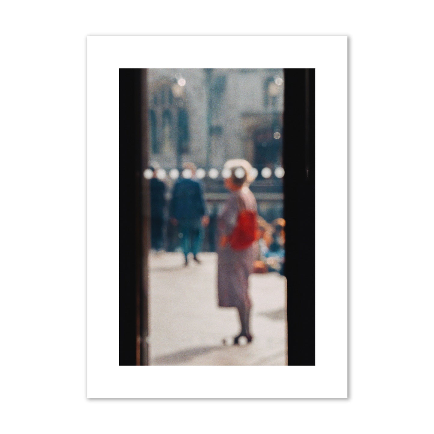 Fine art photograph of a blurred street scene with people and a storefront, archival pigment print, large size, print.