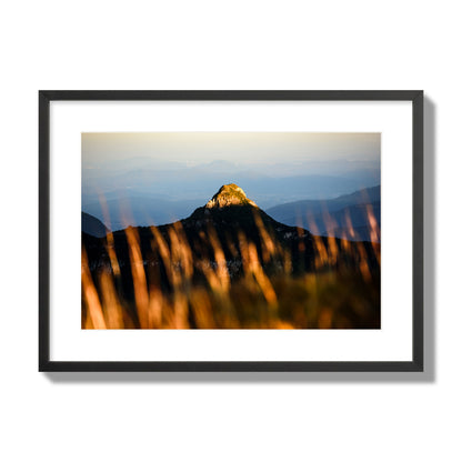 Fine art photo of a mountain peak at sunset. Archival pigment print, large size, black frame.