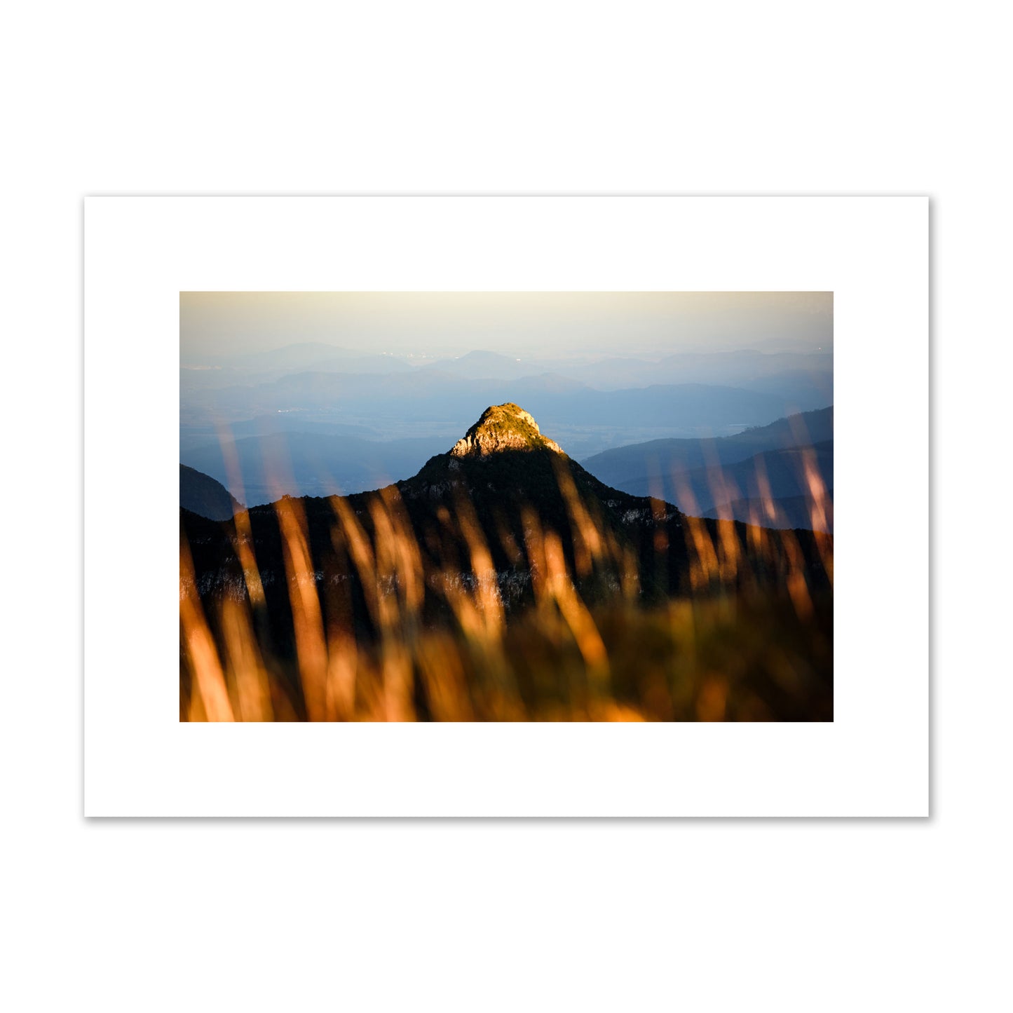Fine art photo of a mountain peak at sunset. Archival pigment print, medium size, print.
