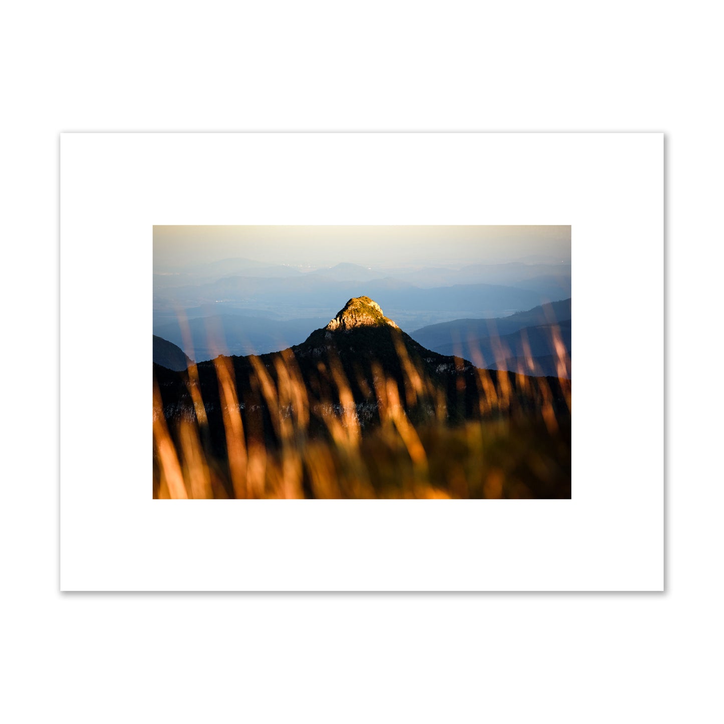 Fine art photo of a mountain peak at sunset. Archival pigment print, small size, print.