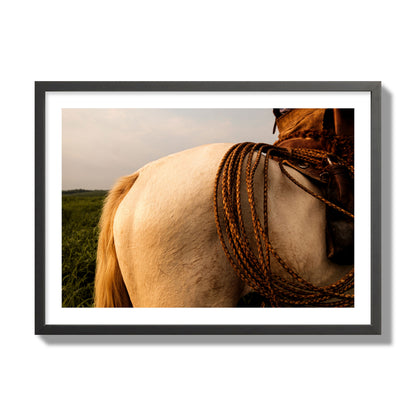 Fine art photo of a cowboy's lasso coiled across a horse's back. Archival pigment print, giant size, black frame.