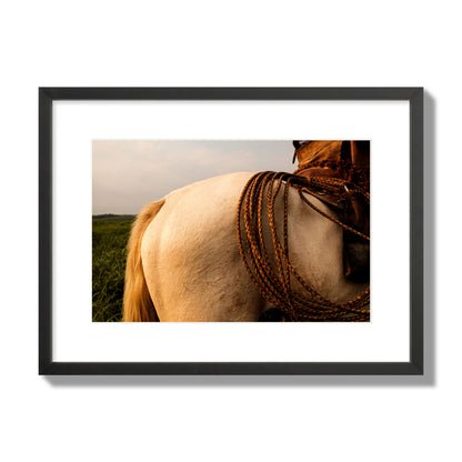 Fine art photo of a cowboy's lasso coiled across a horse's back. Archival pigment print, medium size, black frame.