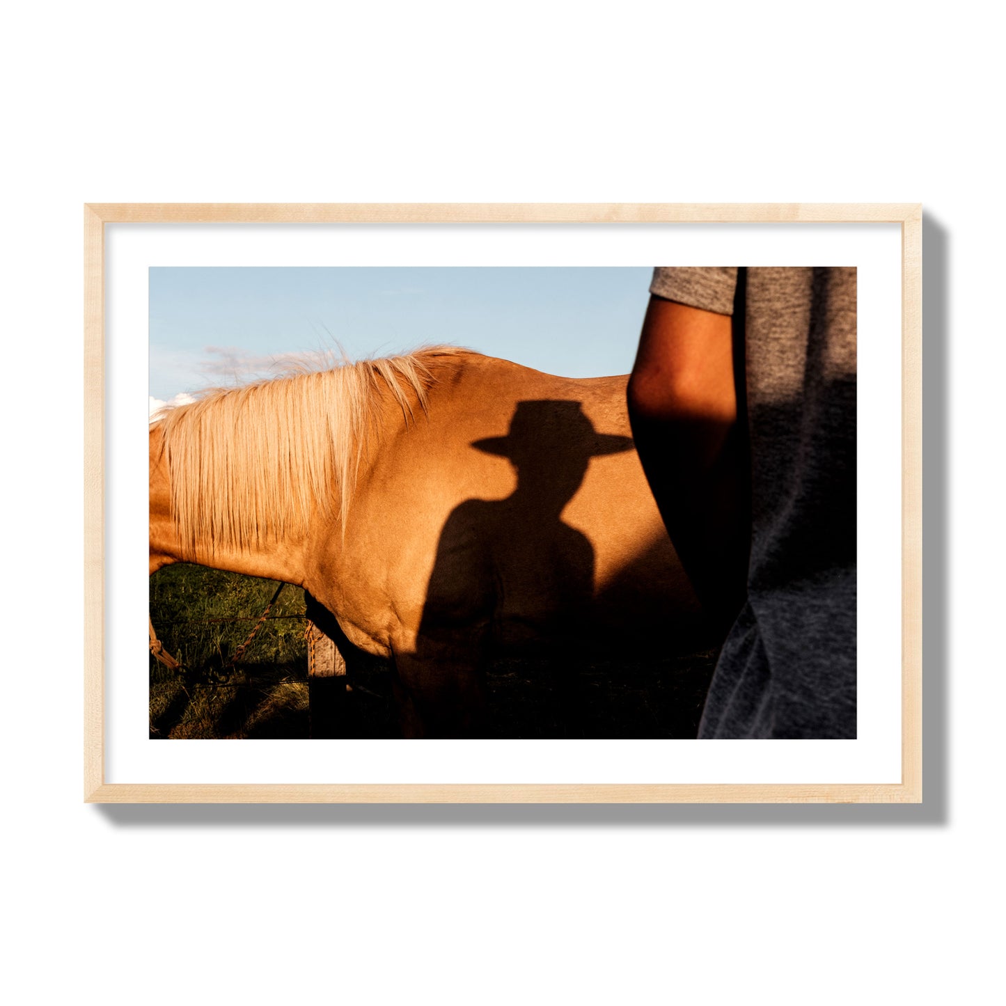 Fine art photo of a cowboy's shadow cast against the side of a horse at sunset. Archival pigment print, giant size, natural wood frame.