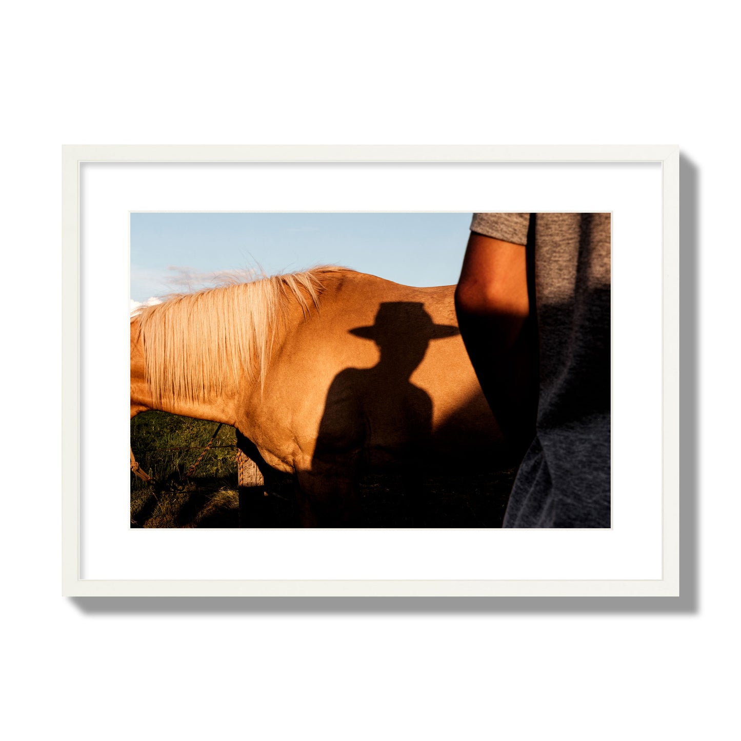 Fine art photo of a cowboy's shadow cast against the side of a horse at sunset. Archival pigment print, large size, white frame.