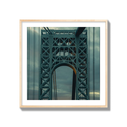 Fine art photograph of a New York bridge at dusk, archival pigment print, collector size, natural wood frame.