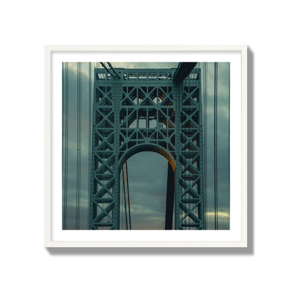 Fine art photograph of a New York bridge at dusk, archival pigment print, collector size, white frame.